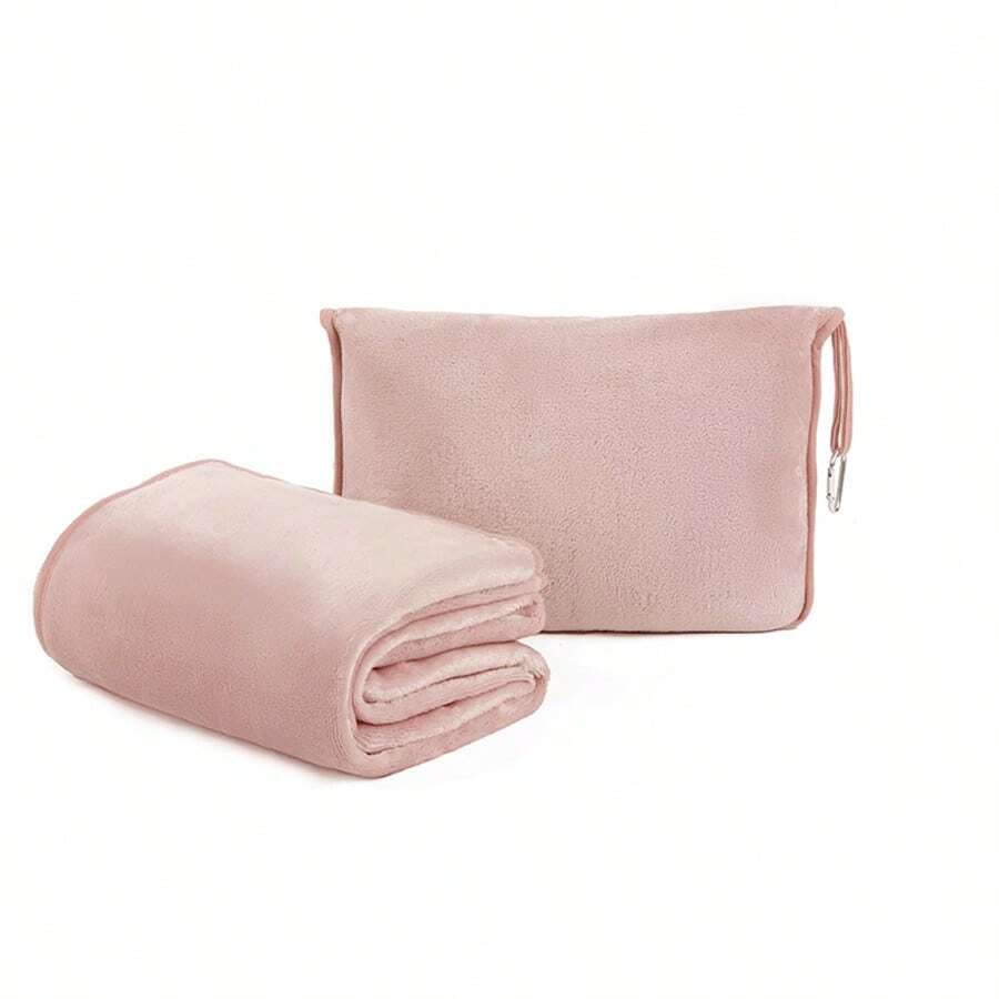 二合一柔软旅行毯/枕头 - 便携设计，带收纳袋和背包挂钩，仅限手洗 - 粉色