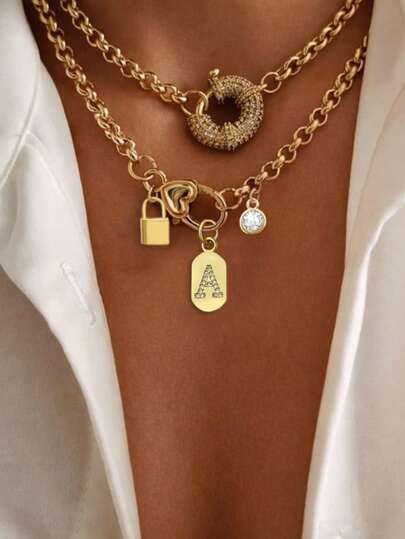 STYLEVER 1pc Gold Letter Necklace, White Diamond Pendant Chain, Multi-Layer Pendant Necklace, Stainless Steel Chain, Suitable For Work, Daily, Party, Banquet, Ball Decoration, Unique Luxury Women Bracelet