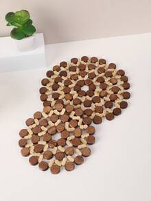 1pc Boho Bamboo Hollow Out Round Potholder, Heat Resistant Insulation Pad For Dinner Table & Desk - Multicolor - View 4