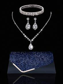 Luxury Sequin Evening Bag, Sparkling Women's Clutch Envelope Bag, Paired With Sparkling Rhinestone Pendant Necklace, Earrings, And Bracelet, Suitable For Parties, Dinners, Gatherings, And Proms - Navy Blue - View 1