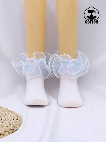 1 par de calcetines de algodón clásicos con adorno de encaje de perlas para niñas, calcetines cortos de estilo elegante de princesa para atuendos de fiesta