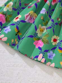 女童碎花无袖休闲连衣裙，夏季度假风 - 綠色 - 查看 5