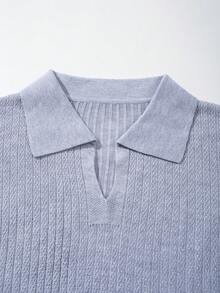 Men's New Casual Loose Solid Color Ribbed Retro Relaxed Versatile Commute V-Neck Short Sleeve Knit Sweater - Grey - View 4