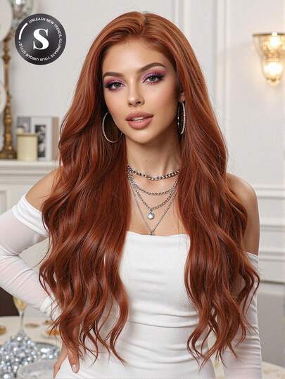 26 Inch - 13x4 [Long Wavy Lace Front Wig] Dirty Orange Long Wavy 180% Density Lace Front Wig, Soft & Natural, Realistic Scalp, Women's Wig, Essential For Holidays & Makeup, Beginner-Friendly, Comfortable Wear, Suitable For Daily, Wedding, Party, Cosplay, Festivals, Gift For Girlfriend, Fashion Essential