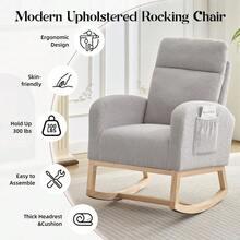 Modern Rocking Chair, Plush Upholstered Skater Rocking Chair With High Backrest, Rocking Accent Chairs For Living Room, Bedroom, Offices - Black - View 5