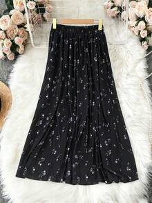 Boho 2026 Noutăți Primăvara și Toamna Oversize Reversibil, Tul de înaltă calitate, Floral Casual la modă, Stil ușor - Noutate: Fustă lungă evazată, linie A, cu talie înaltă, plisată, cu imprimeu floral, linie A, ținute de brunch pentru femei, negru - Negru - Vizualizare 6