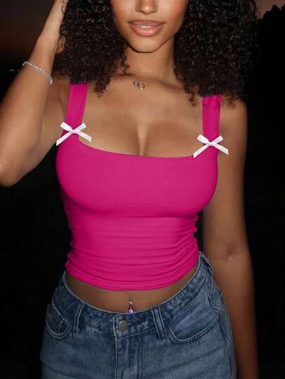 Women's Comfortable Bow Decor Tie-Up Y2K Camisole With U-Neck
