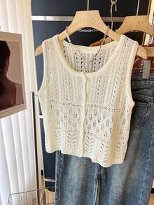 Mẫu áo vest đan móc thời trang hè 2026 dành cho nữ, cổ tròn, không tay, thiết kế khoét rỗng, phong cách Bohemian, thích hợp cho kỳ nghỉ, đi biển. - Màu be - Xem 2