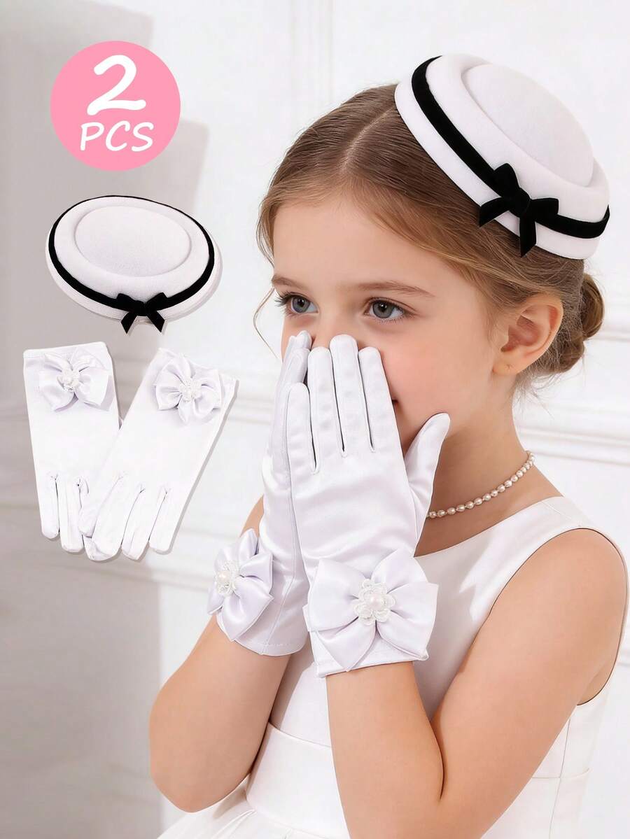 2 Pcs Girls' White Satin Gloves & Pillbox Hat Set With Bowknot, Elegant Tea Party/Wedding/Communion Accessories - Hats and Gloves - View 1