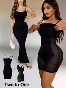 Vexica Women's Two-In-One Sexy Shapewear Bodycon Maxi Dress With Slit, Spaghetti Strap Tummy Control Built-In Shaper Dress For Night Out Daily. - Black - View 1