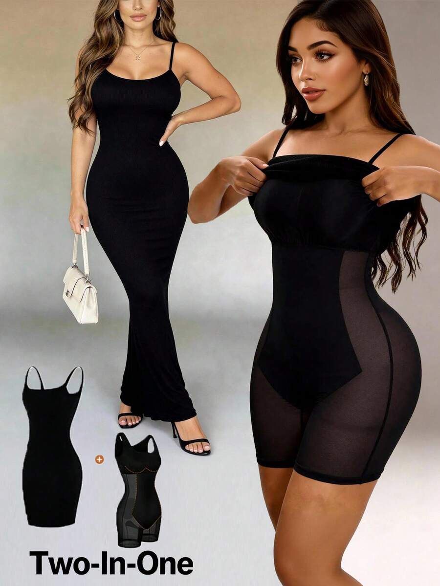 Vexica Women's Two-In-One Sexy Shapewear Bodycon Maxi Dress With Slit, Spaghetti Strap Tummy Control Built-In Shaper Dress For Night Out Daily. - Black - View 1