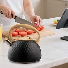 1pc, Tea Kettle, Loud Whistling Kettle For Boiling Water Coffee Or Milk, 3L Heavy Stainless Steel Black Kettle With Wood Pattern Handle, Unique Button Control Kettle Outlet - Negro - Ver 4