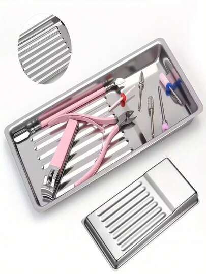 1/2pcs Heavy Duty Stainless Steel Nail Drill/Scissors/Brush/Tweezers Manicure And Pedicure Tray - Sterilizable Soaking Tray, Mirror Polishing Nail Salon And Nail Care Storage Box, One-Step Cleaning Storage Box