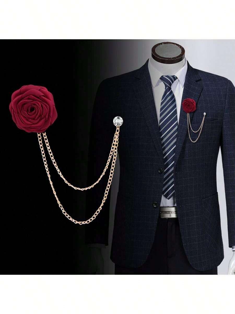 1pc Handmade Fabric Rose Flower Brooch Pin With Tassel Chain, Men's Suit Accessory - Red - View 1