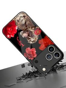 1pc Customized Letter, Red Rose & Leopard Pattern, TPU Soft Edging + Tempered Glass Back Phone Case Compatible With Samsung S24 Ultra/S25 Ultra And Apple 17 Pro Max/16 Pro Max/15 Pro/14 Plus/13 Pro/12 Pro Max/11/Xs Max/8/7/6 Plus Phone Accessories - Black - View 3