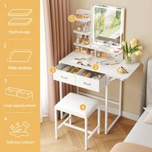 Tomnk Makeup Vanity Desk With Mirror And Lights, Small Vanity With Fabric Storage Drawer & Chair & Shelves, White Vanity With Fold-Up Panel And Power Outlet For Bedroom, Bedroom Furniture(The Light Strip Is Powered By USB) - 美規B型插(110-127V) - 查看 11