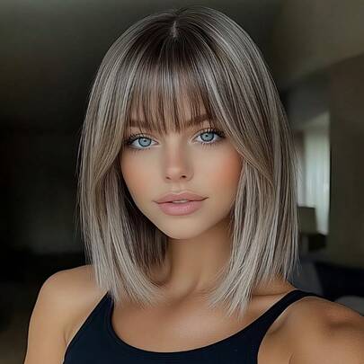 棕色渐变金色直发人发波波头假发，带刘海，适合女性日常佩戴，150%密度，无蕾丝无胶假发，透气玫瑰网帽，机织假发，带有棕色和金色混合挑染。