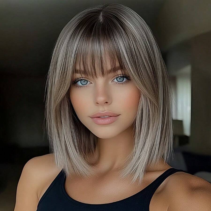 棕色渐变金色直发人发波波头假发，带刘海，适合女性日常佩戴，150%密度，无蕾丝无胶假发，透气玫瑰网帽，机织假发，带有棕色和金色混合挑染。 - S4/613 - 查看 1