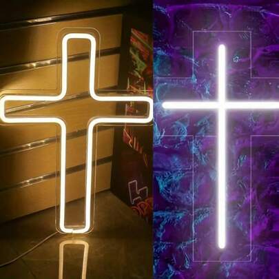1pc Jesus Cross Neon Sign (24 X 13.5cm), Home Decor LED Neon Sign, White Wall Decor, Christmas New Year Wedding Birthday Party Sign, Easter Decoration