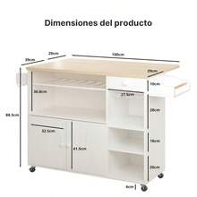 Carrito Auxiliar de Cocina con Isla, Mesa Plegable, Botellero, Soporte para Microondas, Cajón, Estantes, Especiero y Colgador de Tazas, Blanco - Blanco y Negro - Ver 6