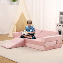 Sofá Infantil Modular de 12 Piezas con Piscina de Pelotas, Convertible para Niños y Niñas Creativos, Sofá de Juego Ideal para Sala de Juegos - Rosa - Ver 3