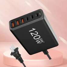 防震氮化镓快速充电站，办公桌配件，6端口（3个USB-C接口，3个USB-A接口），120W桌面多设备充电器，兼容充电盒，可折叠设计，带延长线，适用于家庭办公室，情人节礼物 - 美規A型插(110-127V) - 查看 3