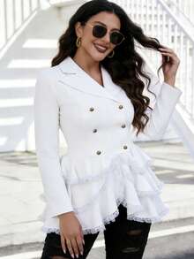 Vintage Victory Gothic Blazer Jacket With Lace Ruffle Hem And Lace Up Corset Back - Beige - View 5