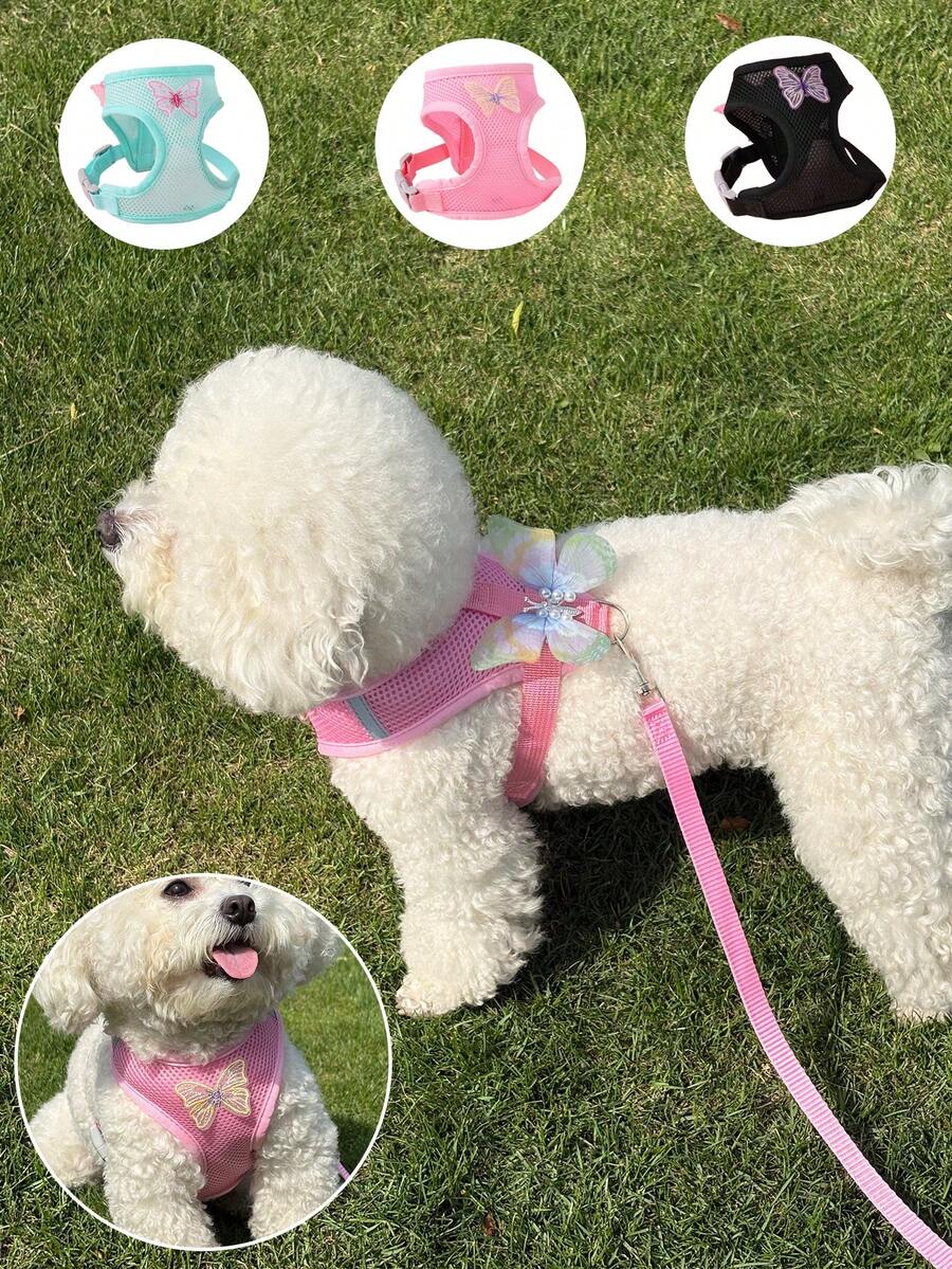 LANGXINGCS 1pc Elegant Butterfly Pet Harness & Leash Set, Polyester Butterfly Dog Harness & Leash Set With Detachable Bow Decor And Adjustable Buckle Design, Suitable For Small/Medium Cats And Dogs Indoor/Outdoor Use - Multicolor - View 1