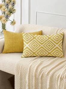 2 件装装饰枕套，波西米亚几何图案抱枕套，100% 低过敏性聚酯纤维，复古亚麻材质，隐形拉链，可机洗，简约时尚线条设计，家居装饰抱枕套，适用于沙发、客厅、卧室，不含枕芯 - 黃色 - 查看 3