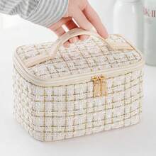 Bolsa Cosmética com Zíper Xadrez na Moda - Organizador de Maquiagem Leve e Portátil, Ideal para Viagens de Mulheres - Multicolorido - Visão 2