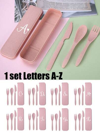 4pcs/Set Printed With White Artistic Letters And Heart Patterns Travel Cutlery Set With Case - Including A Spoon, Fork, And Knife, All Stored In A Stylish Storage Box,Wheat Straw Portable Knife,Fork & Spoon | Camping Utensils For, Picnic, Outdoor | Compact & Durable,Wheat Straw Chopsticks, Fork, And Spoon Four-Piece Set,Portable Office Tableware Set For Students,Travel Boxed Meal Spoon, Chopsticks