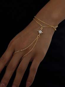 1pc Classic 8-Pointed Star Dual-Layer Metal Chain Finger Ring Bracelet, Faux Crystal, Suitable For Everyday, Gathering, Date, Party, Street Style, Elegant And Refined Middle Eastern Style For Women - Star - View 8