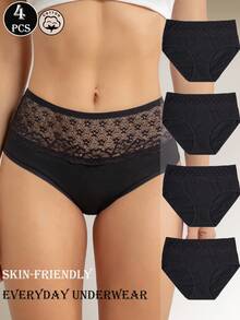 4pcs Embroidered Floral Lace High-Waist Women's Panties - Black - View 4