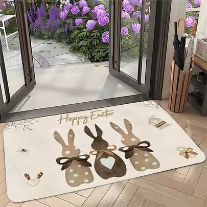 1pc Happy Easter Doormat, Small Rug, Rabbit & Heart Pattern Welcome Mat, Carpet, Floor Mat, Outdoor Doormat, Kitchen Rug, Home Decor, Front Door Mat, Area Small Rug, Outdoor Mat, Home Decor, Area Rug, Garden Carpet, Washable Rug