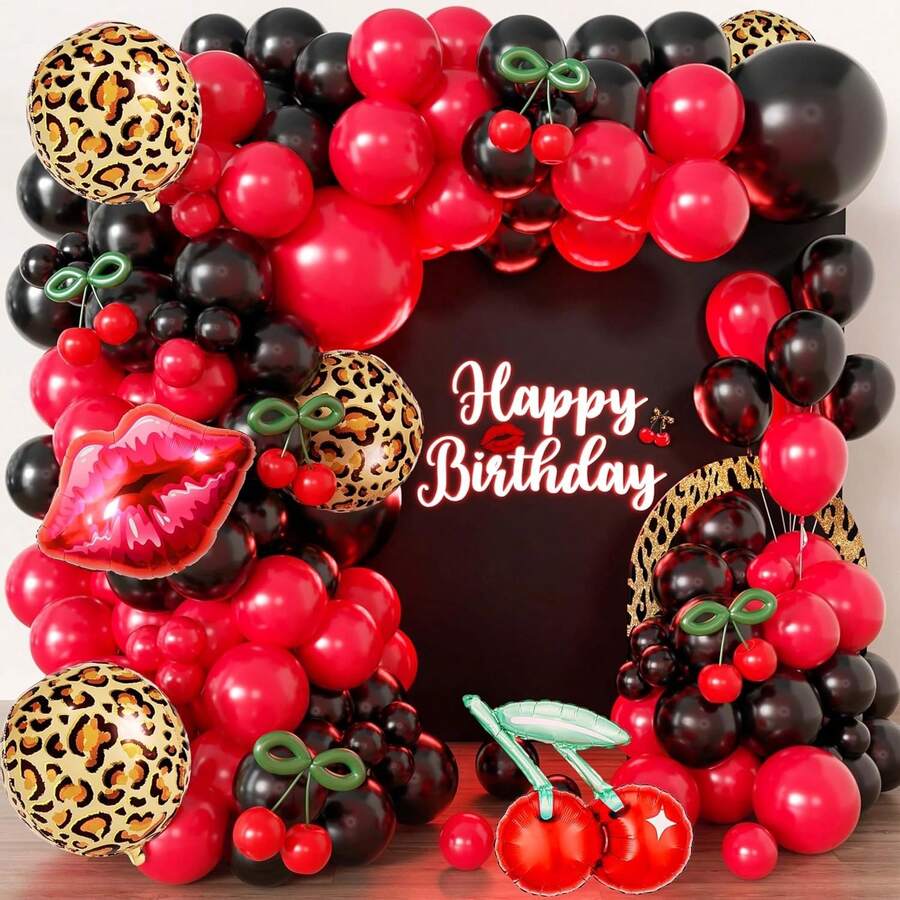 115pcs Leopard Print Balloon Arch Set Includes Leopard Print, Lip, And Cherry Foil Balloons, As Well As Red And Black Latex Balloons. Perfect For Birthday Parties, Bachelor/Bachelorette Parties, Weddings, Bridal Showers, And Cherry-Themed Decorations - Multicolor - View 1