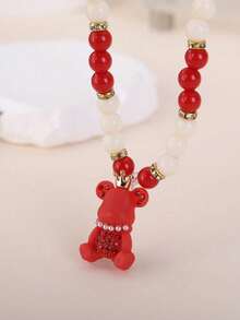 两件套幸运红色小熊软糖首饰套装，新年礼物，适合女孩和青少年，项链和手链，配有闪亮的红色和白色珠子吊坠 - 放 - 查看 5