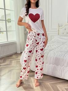 2pcs/Set Women's Heart Print Pajama Set, Short Sleeve Top And Long Pants, Spring/Summer - Red and White - View 6