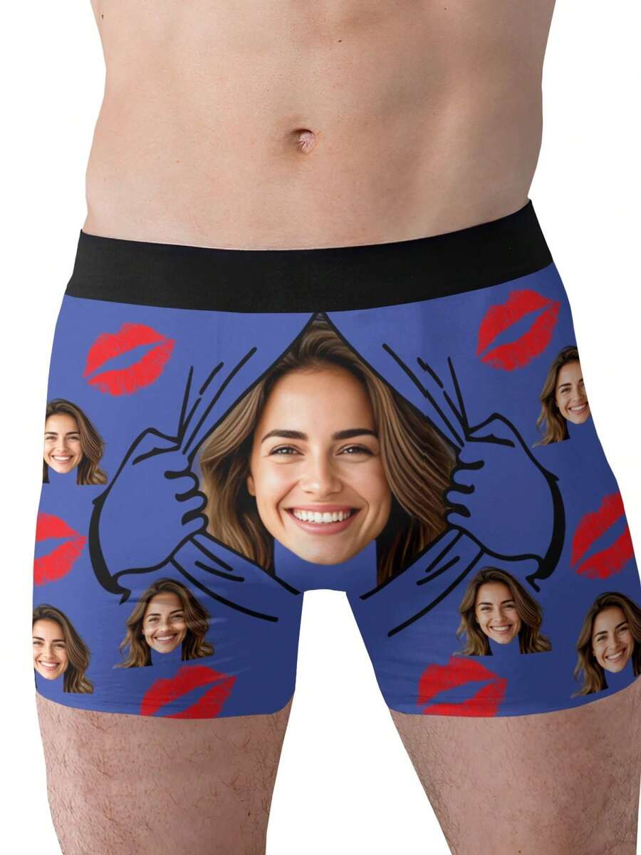 1 Pc Custom Men's Boxer Briefs, Personalized Face Customization, Printed With Christmas Elements Such As Snowflakes And Christmas Trees, As Well As Customizable Character Patterns. Personalized Photo Men's Boxer Shorts, Sweet And Romantic Long Men's Underwear, A Gift For Your Beloved, Anniversary Gift, Wedding Gift, Couple Gift, Best Friend Gift, Boyfriend/Husband/His Gift - Màu xanh lam - Xem 1