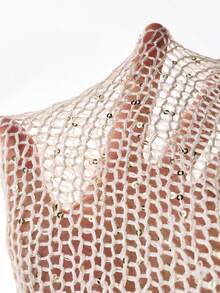 Yuwenier Sexy Deep V-Neck Hollow See-Through Sequin Crochet Cover Up Top, Button Front Batwing Sleeve Long Loose Coverup, Fashionable Casual Daily Wear For Women - Apricot - View 9