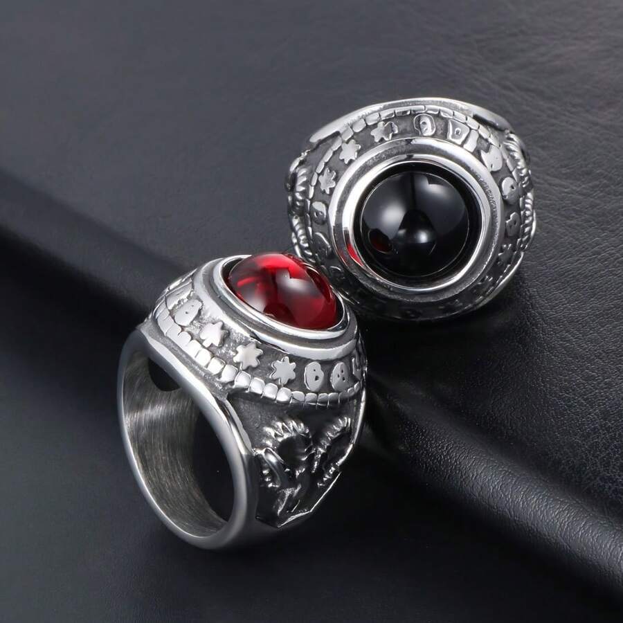 1PCS/ Non-Fading European And American Retro Hip-Hop Luxury 304 Stainless Steel Ring Red And Black Noble Palace Ring Fashionable Unisex Street Elegant Daily Holiday Gift W5FO - màu đỏ - Xem 1