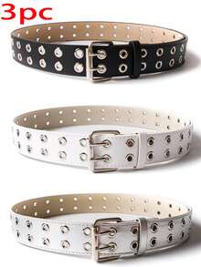 3pcs Fashionable Double Row Eyelet PU Needle Buckle Unisex Waist Belt, Streetwear Versatile Jeans Belt, Suitable For Daily Wear, Dates, Parties, Holidays, Gifts - A - View 11