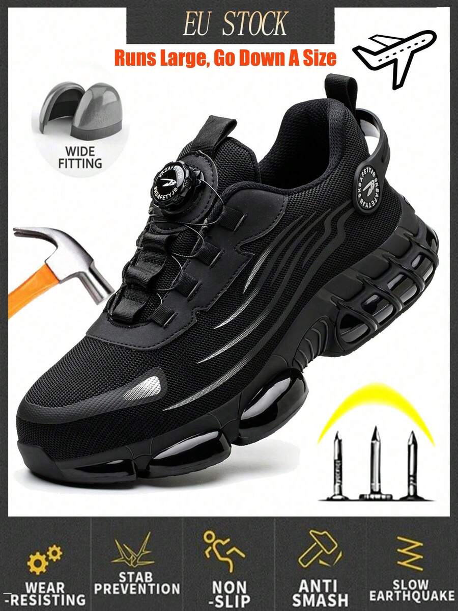 1 Pair Men & Women Lightweight Steel Toe Work Shoes, Rotating Button Closure, Puncture Resistant,Durable Protective Footwear For Construction&Industry - Black - View 1