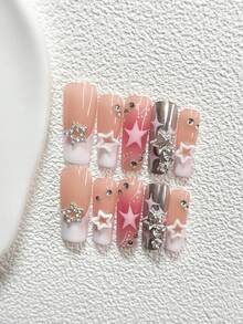Bộ 10 món trang trí móng tay acrylic phong cách Sweet & Cool Girl, bao gồm hình ngôi sao năm cánh rỗng màu bạc, ngôi sao lấp lánh đính kim cương, hình ngôi sao năm cánh màu hồng vẽ tay, sơn móng tay màu bạc, dụng cụ làm móng (1 miếng dán gel + 1 dũa móng), 3 kích cỡ móng khác nhau. - Nhiều màu - Xem 4