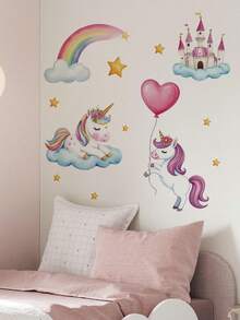 1/2/3片装多尺寸PVC可移除墙贴，卡通元素装饰，适用于卧室、客厅、书房、餐厅、浴室、家居墙面装饰 - 月光下的女孩、独角兽彩虹、梦幻粉色树下有动物、狮子骑热气球 - 彩色 - 查看 12