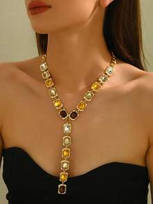 1pc Bohemian Style Rhinestone Y-Necklace, Fashionable & Minimalist, Suitable For Women To Wear On Daily, Party, Banquet, Vacation, Ball Occasions - Gold - View 1