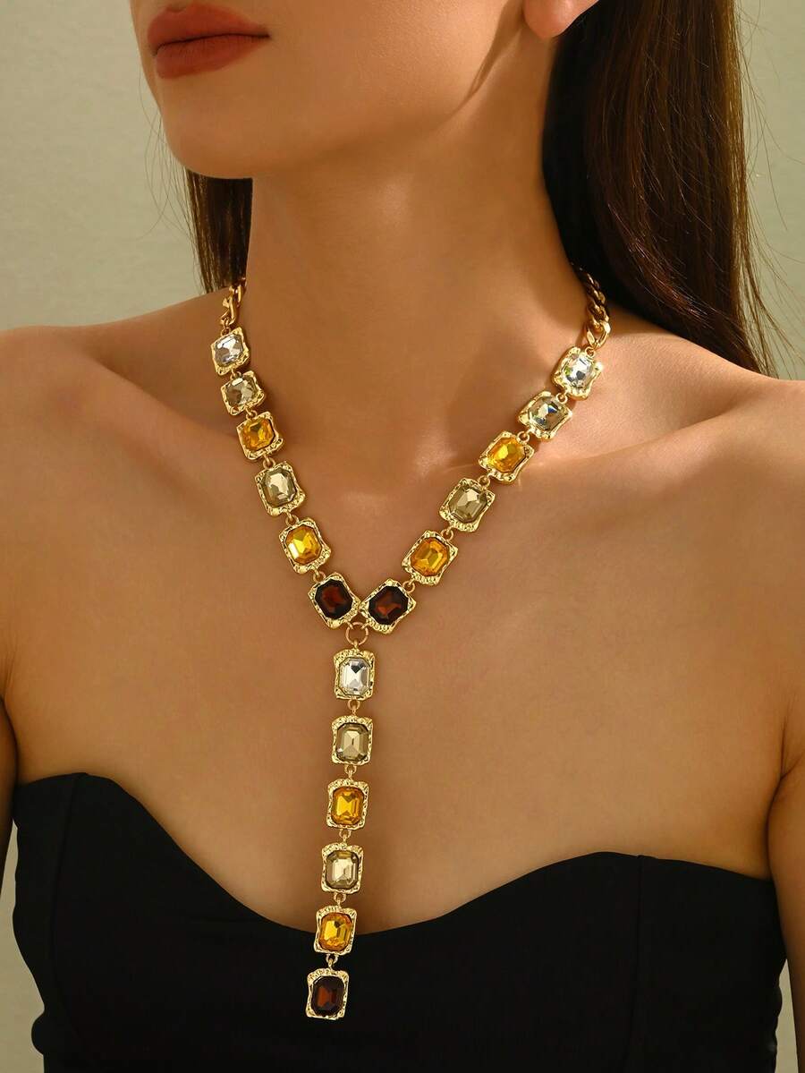 1pc Bohemian Style Rhinestone Y-Necklace, Fashionable & Minimalist, Suitable For Women To Wear On Daily, Party, Banquet, Vacation, Ball Occasions - Gold - View 1