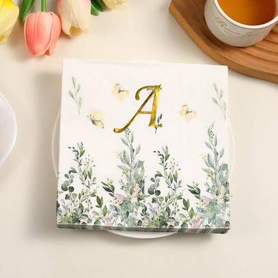 33*33cm 20pcs/Pack Double Layer English Gold Foil Letter A/H/J/L/M/P/R/W Green Plant Print Napkins, Suitable For Birthday Party, Family Party, Wedding, Anniversary, Decorative Disposable Napkins