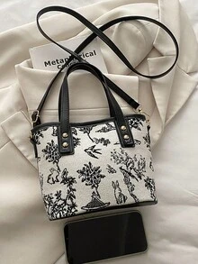 Bolso de mano ligero y retro para mujer, diseño impreso minimalista, correa larga ajustable, capacidad media, adecuado para uso casual y de vacaciones - Negro - Ver 4