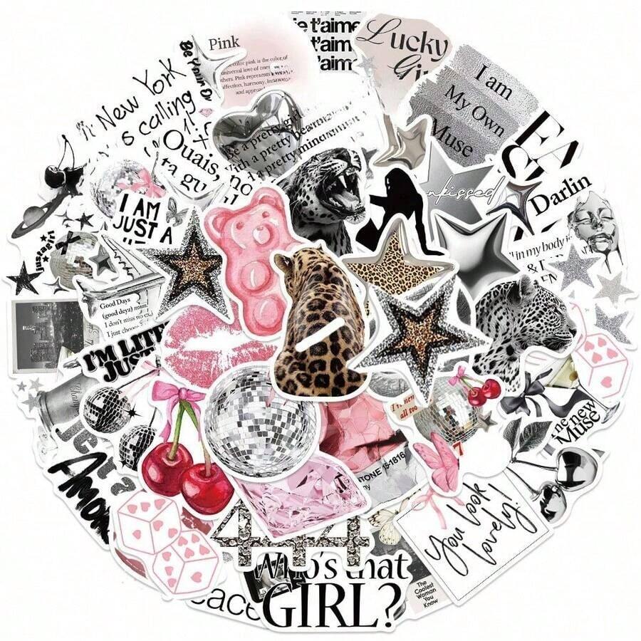 50pcs Y2K Aesthetic Stickers, Including Urban Girl Stickers, Y2K Style Black & White Stickers, Urban Stickers, Leopard Print Stickers, Art Stickers, Cartoon Stickers, Graffiti Stickers, Vinyl Stickers, Suitable For Water Bottles, Tumblers, Guitars, Luggage, Phones, Phone Cases, Laptops, Skateboards, Great Gift Item. - 各種各樣的 - 查看 1