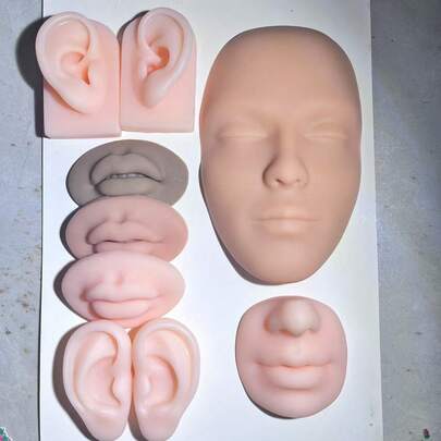 纹身硅胶模型，纹身穿孔练习模拟人体部位展示穿刺饰品，硅胶耳模，鼻子和嘴巴模型，左右柔软模型假耳脸模，用于饰品展示和化妆纹身穿孔练习的硅胶人体部位，可重复使用